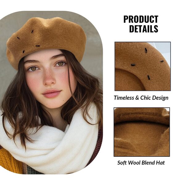 8669 Wool Beret Hat Solid Color French Artist Hats Warm Beanie Cap main image 5